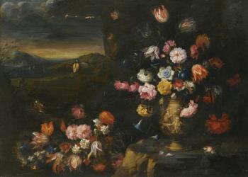 Two Still Lifes, Each With Vases Of Flowers In a Coastal Landscape Setting by 
																			Francesco Mantovano