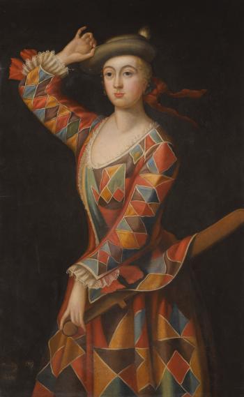 Portrait Of Mrs. Hester Booth, Nee Santlow (c.1690 - 1773) Dressed As a Harlequin by 
																	John Ellys
