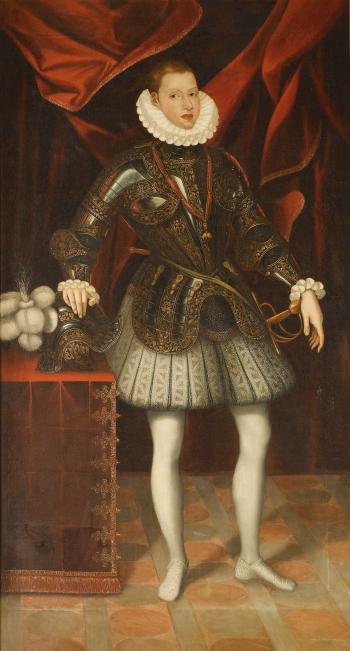 Portrait Of The Infante Philip III Of Spain Aged 16, Full Length, Standing In Royal Armour, Wearing The Order Of The Golden Fleece by 
																	Juan Pantoja de la Cruz