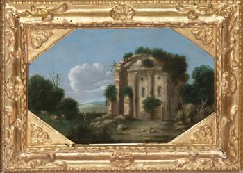 An Italianate Landscape With a Ruined Roman Wall And Tower, And a River With An Overhanging Tree; An Italianate Landscape With a Shepherd And Animals By a Ruined Roman Circular Temple by 
																	Gottfried Wals