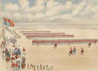 The march past of the Northumberland Fusiliers before Queen Victoria at the Jubilee Review, Aldershot, 7th July 1887 by 
																	Reginald Augustus Wymer