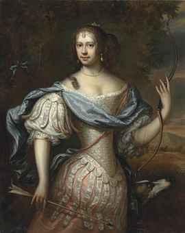 Portrait of a lady, traditionally identified as Frances Teresa Stewart, Duchess of Richmond and Lennox (1647-1702), as Diana, half-length, in dress of armour and blue wrap, holding bow and arrow, dog by her side, in wooded landscape by 
																	Adrianus van Isselsteyn