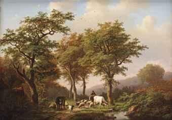 A wooded landscape with a herdsman and his cattle on a track by 
																	Alexander Joseph Daiwaille