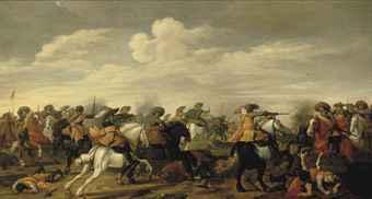A cavalry skirmish in a landscape by 
																	Palamedesz Palamedes