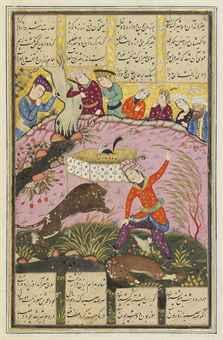 Bahram Kills Two Lions To Claim The Crown by 
																	Muhammad Qasim