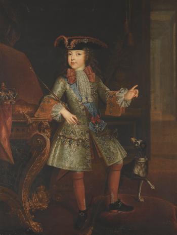 Portrait Of Louis XV Of France As a Child, Standing Full Length In An Interior, Beside a Dog, His Crown On a Table Beside Him by 
																	Augustin Oudart Justinat