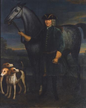 Portrait Of a Gentleman, Holding a Grey Hunter, With Three Hounds, In a Landscape by 
																	Martin Ferdinand Quadal