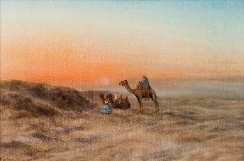 Bédouins dans le désert au coucher du soleil by 
																	Aime Felix Nicollerat