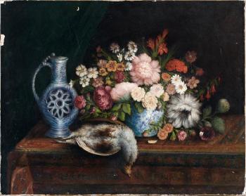 Nature morte de fleurs, pichet et perdreau sur un entablement by 
																	Auguste Truelle