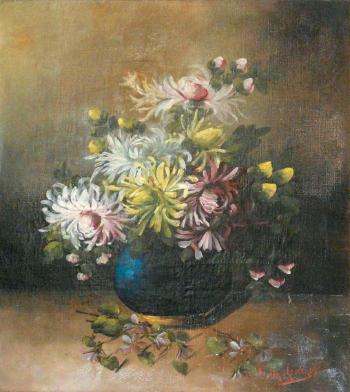 Bouquet de fleurs dans un vase bleu by 
																	Nikolai Andrejewitsch Okolowitsch