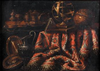 Nature-morte aux pièces d'orfèvrerie, sphère animalière, globe terrestre et tapis sur un entablement by 
																	Francesco Noletti