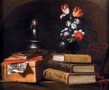 Nature morte à la chandelle, ouvrage et vase de fleurs sur un entablement de pierre by 
																	Simon Renard de Saint-Andre
