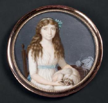 Portrait de Mademoiselle d'Audelange en robe de soie blanche ceinturée d’un ruban bleu by 
																	Dominique Paillot