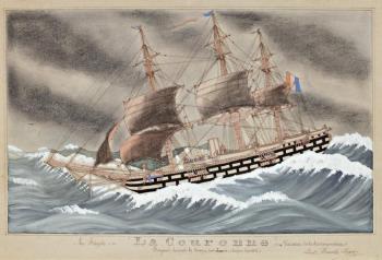 La fregate la Couronne fuyant devant le temps, sous deux ris, chaque hunier by 
																	Emile Paul Pajot