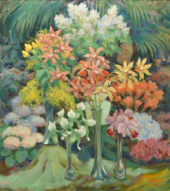 Blommor, i bakgrunden kvinnoansikte by 
																	Fritz Karfve