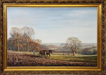 Horse Ploughing with a hunt in the middle distance by 
																	Donald Ayres