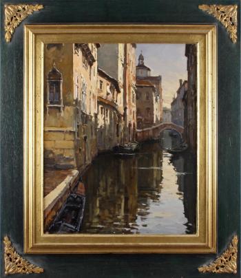A pair of Venetian canal scenes by 
																			Eros Rumor
