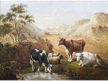 Cattle, Sheep, Ox-Wagon at Kariega River by 
																	Frederick Timpson l'Ons
