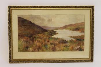 Autumnal moorland scene with lake by 
																			Arthur Netherwood