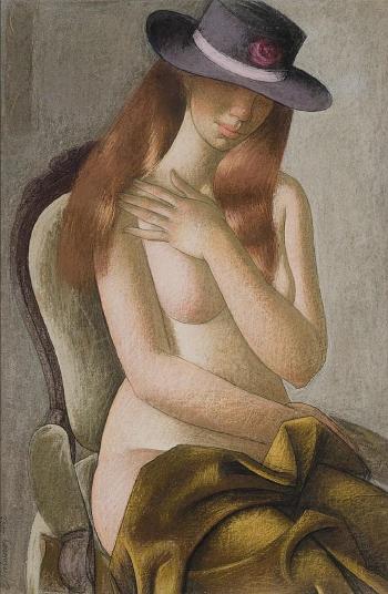 Seated Nude Wearing a Hat by 
																	Edvin Kalneniek