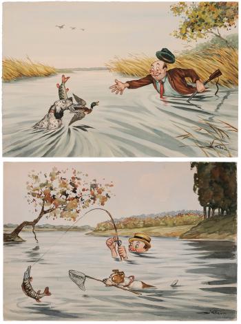 Si toi a toi, Chien épuiselte (dog landing net). Dog retrieving a fish with a duck by 
																	Boris O'Klein