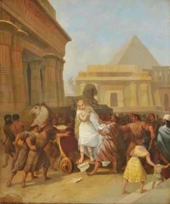 Egyptian temple scene, with blonde white girl in a chariot surrounded by a mob by 
																	Henry Macbeth-Raeburn