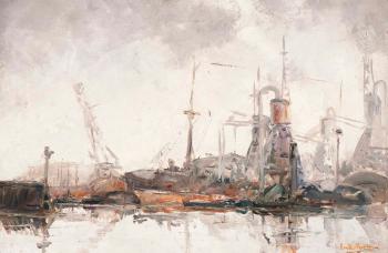 Study of the Rotterdam harbour by 
																	August Willem van Voorden