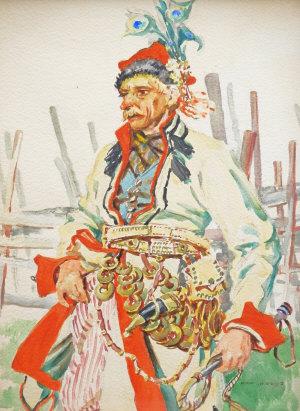 Study of a man in traditional costume standing three-quarter length by a gate by 
																	Henryk Uziemblo