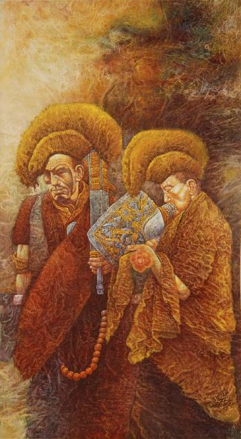 Two Buddhist priests, one blowing on a conch shell and the other carrying a sutra by 
																	 Xie Tiancheng
