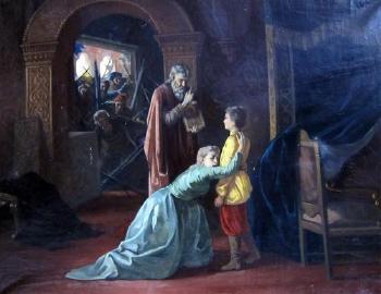 Russian revolution scene with a young boy being shielded by his mother and a priest from a mob breaking through the door by 
																			 Navaskoleff