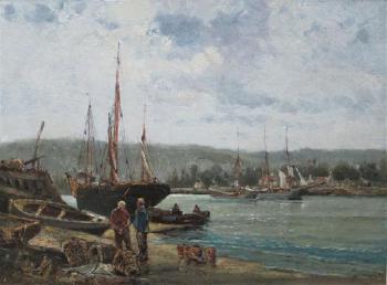 Rouen harbour scene with fisherman by 
																			Pierre Dulhoya