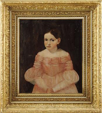 Young girl in a pink dress by 
																	Azel Capen