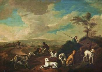 Huntsmen and their hounds in the foreground of an extensive landscape by 
																	M Vapour