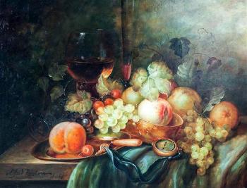 Still life of peaches, grapes, a wine glass and a pocket watch on a stone ledge by 
																	Alfred Ruytinx