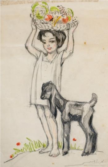 Young girl with goat by 
																	Meir Gur-Arie