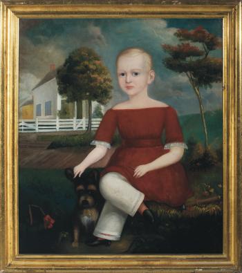 Young boy in red outfit with dog by 
																	Calvin Balis