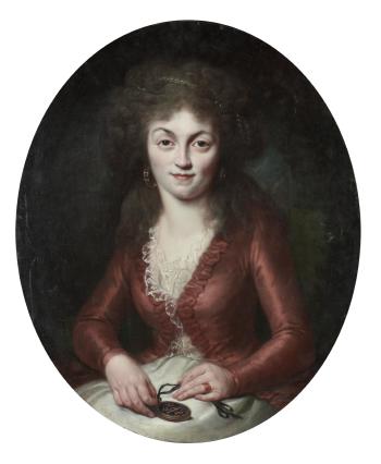 Portrait of the Princesse de Lamballe, half-length, in a white silk dress and a red coat, seated, holding a locket by 
																	Adelaide Labille-Guiard
