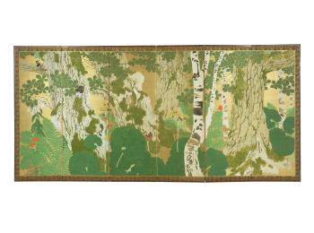 Summer scene of a forest of tall birch trees with mountain lilies and red nouzen kazura peering from among the blooming green overgrowth and underbrush, a woodpecker is shown in the top left corner by 
																			Imanaka Soyu