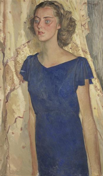 Portrait of a young girl in a blue dress by 
																	Nicolay Remisoff