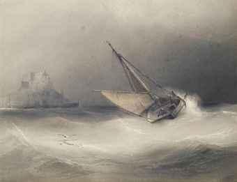 A fishing boat heeling in the breeze off Mount Orgeuil Castle, Jersey (illustrated); and Shipping in a stiff breeze off Jersey by 
																	John le Capelain