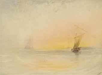 Shipping in a calm at sunset (illustrated); and Waves breaking on the rocks by 
																	John le Capelain
