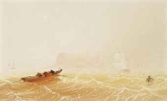 Heading out to sea (illustrated); A stormy day on the Jersey coast; and Sorting the catch on the foreshore, Jersey by 
																	John le Capelain