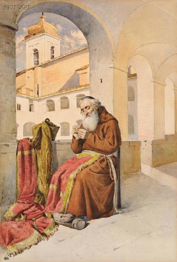 View of a monk threading a needle by 
																	Teodora Reyman