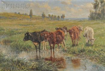 Cow gathered by a watering hole by 
																	A Emil Prinz