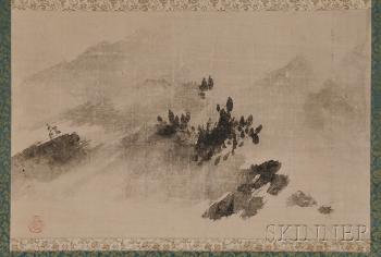 Hakuboku a sansui landscape with a figure in a boat in the far left by 
																	Kano Eitoku
