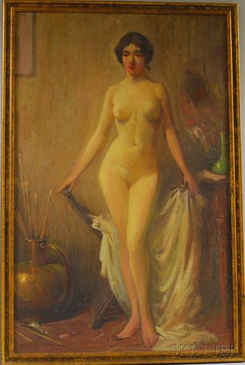 Standing nude in a studio interior by 
																			H Cyrus Farnum