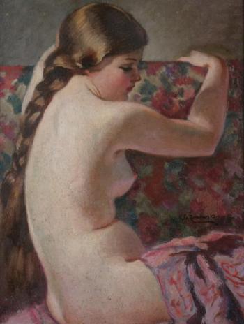Seated female nude with braid by 
																	Stanislaw Zurawski
