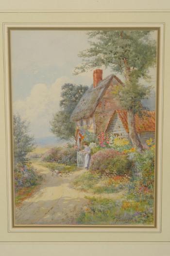 Mother and child outside a thatched cottage. Girl feeding hens on a lane beside a cottage by 
																			 Noelsmith