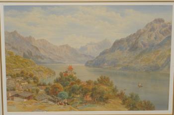 Swiss landscape with figures beside a chalet. Lake scene with figures and goats beside a boat by 
																			John William Salter