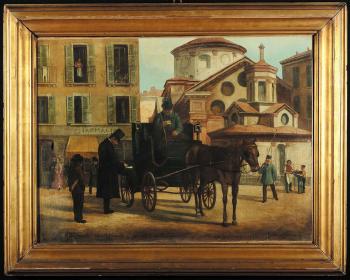 Veduta di Milano con carrozza by 
																	Gaetano Fumagallo